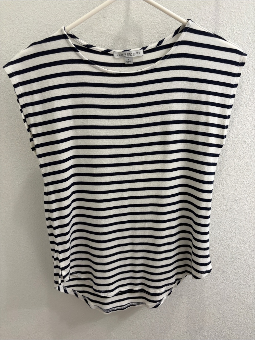 Green Envelope Navy and White Striped Sleeveless Boatneck Tank